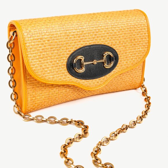 Gucci Horsebit 1955 Yellow Raffia Leather-Trimmed Shoulder Bag - Picture 6 of 13